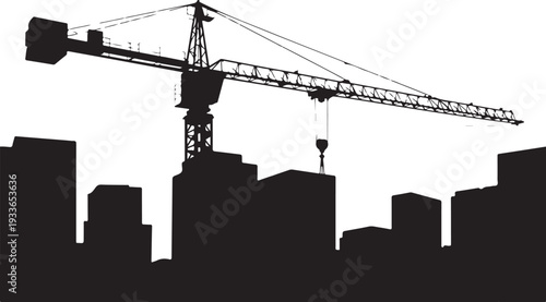 Black silhouette of construction crane and city skyline