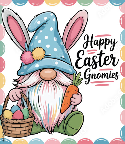 A cute cartoon Easter genom happily carrying a green basket filled with pink and blue eggs in a fun spring vector illustration