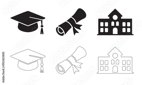 Graduation cap diploma and school building illustration set 
