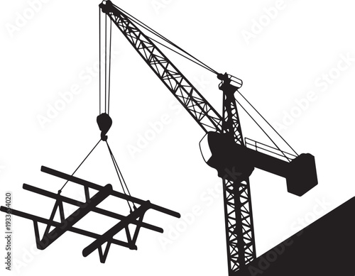 Black silhouette of construction crane lifting metal structure