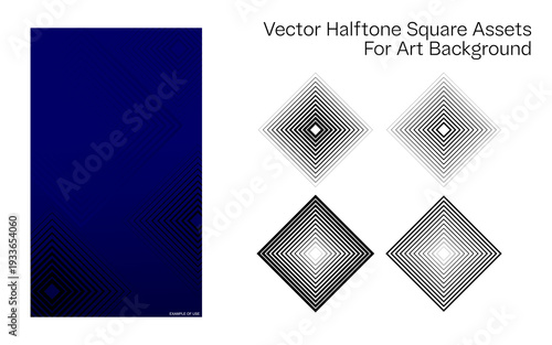 Vector halftone square assets for art background, complete collection with examples of their use.