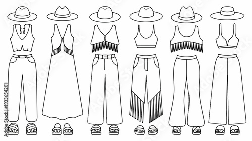 Fashionable western wear outfits with hats and boots for women in line art style