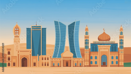 Modern middle eastern cityscape with mosque and skyscrapers at sunset desert landscape