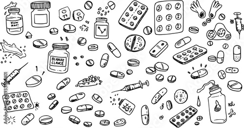 Hand-drawn doodle set of various medical supplies: pills, capsules, syringes, medicine bottles, and blister packs for pharmacy and healthcare concepts.