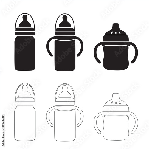 Baby feeding bottle and sippy cup illustrations set 