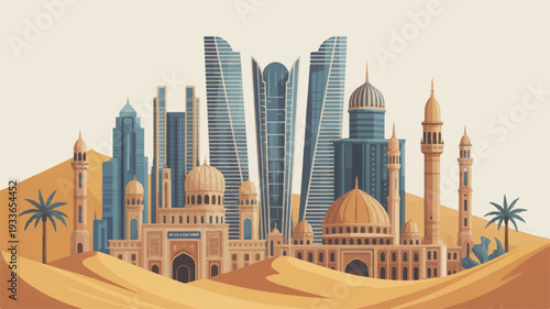 Desert cityscape with modern skyscrapers and traditional mosque architecture under beige sky