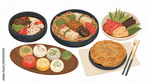Variety of asian dishes with sushi dumplings pancakes and fresh vegetables on plates