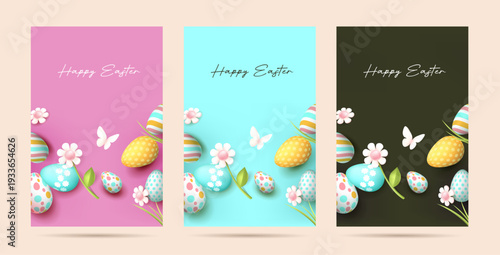 Easter poster banner background with easter eggs frame and spring flowers butterfly