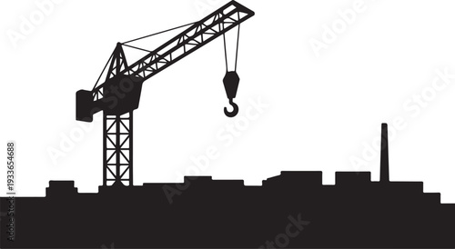Black silhouette of construction crane with hook and city skyline