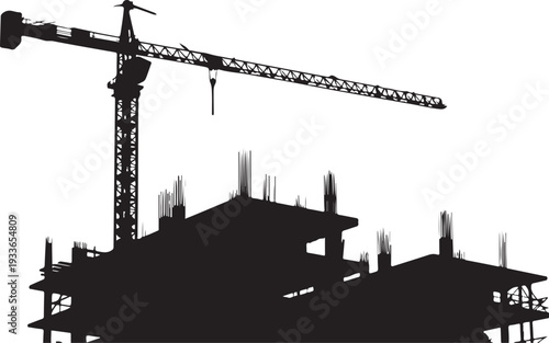 Black silhouette of construction site with crane and building