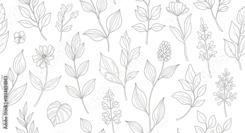 Botanical illustration of various plants and flowers in a repeating pattern.