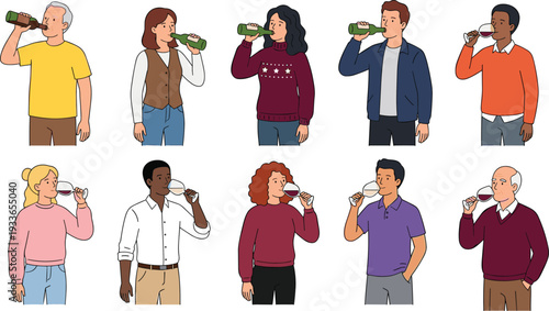 Diverse Adults Drinking Wine and Beer in Social Gathering Flat Vector Illustration Set on White Background
