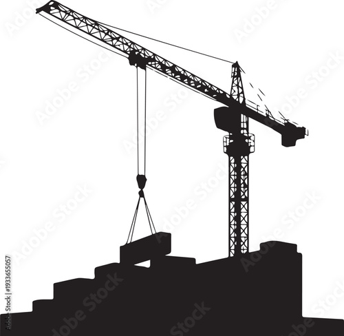 Black silhouette of crane lifting block on building