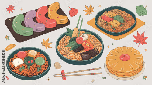 Autumn asian noodle dishes with vegetables and chopsticks on decorative plates
