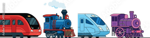 Evolution of Trains from Vintage Steam Locomotive to Modern High Speed Passenger Rail Vector Illustration