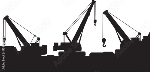 Black silhouette of three construction cranes on a white background
