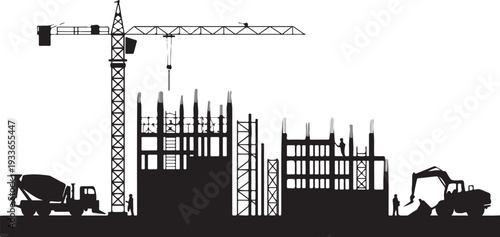 Construction site with crane and machinery silhouettes