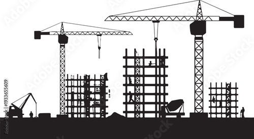Construction site with cranes and building frames industrial