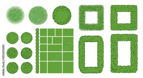 Collection of green circular and rectangular shapes with varying textures and patterns.