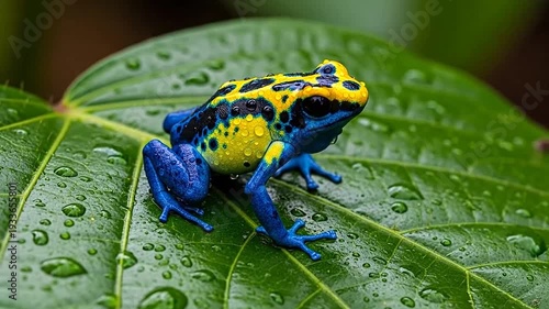 Poison dart frog on wet leaf.