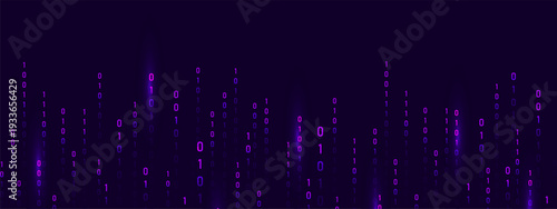 Futuristic programming symbols and violet binary code matrix. Abstract cyber art with security theme. Science fiction depth or modern design. Vector illustration.