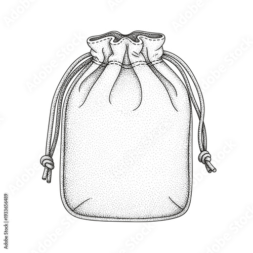 Detailed illustration of a cotton travel pouch with drawstring, isolated on a white background, showcasing its texture and simple design