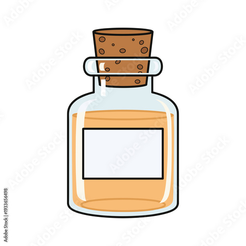 Corked apothecary jar with blank label isolated on white background, showcasing vintage glass design with warm amber liquid, minimalist style