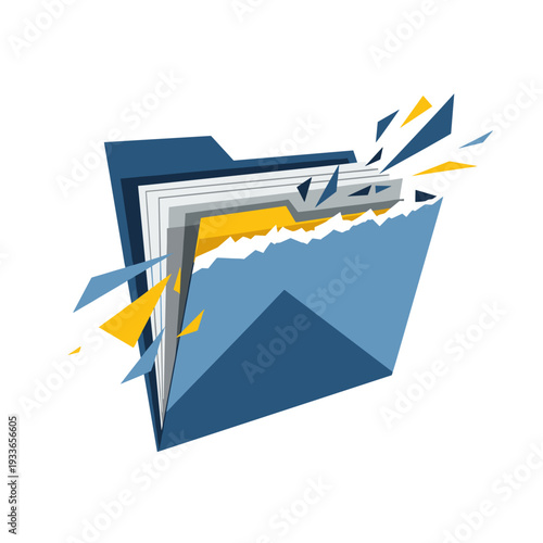 Illustration of a torn folder with jagged edges, isolated on a white background, showcasing a dynamic, abstract design with blue and yellow accents