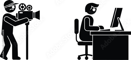 A cameraman filming a man working on a computer