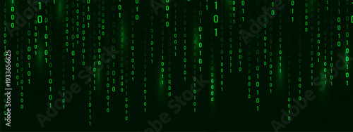 Futuristic green backdrop with glowing programming symbols. Technology and security. Abstract cyber art with binary Rain matrix and science fiction depth. Vector illustration.