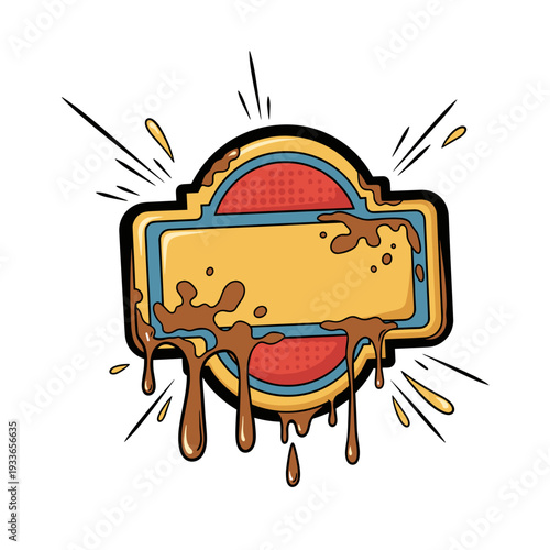 Colorful greasy label with dripping elements isolated on white background, featuring bold outlines and dynamic splash design