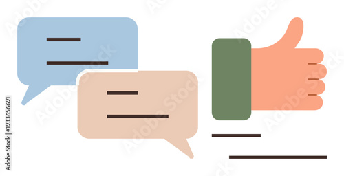 Communication, feedback, social interaction, approval, online messaging, customer service. A thumbs-up icon and speech bubbles with text lines. Communication and feedback concepts