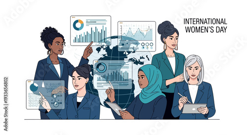 Illustration of diverse businesswomen celebrating International Women's Day with global data and technology, promoting gender equality and women's empowerment.