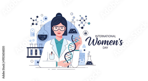 Illustration of a woman in a lab coat holding a DNA helix on International Women's Day, surrounded by laboratory equipment and scientific symbols in a design celebrating women's empowerment
