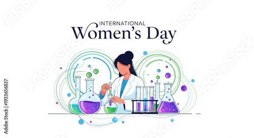 Illustration of a woman in a lab coat working with colorful test tubes and beakers on International Women's Day, celebrating women's empowerment and gender equality in STEM fields with a