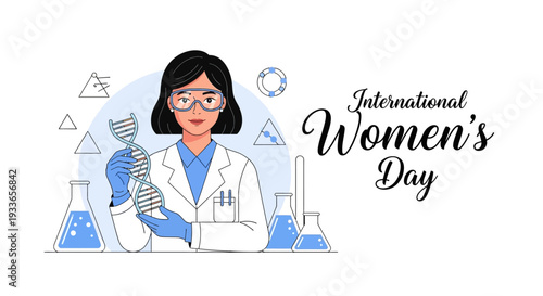 Illustration of a woman in a lab coat holding a DNA model on International Women's Day, celebrating women's empowerment and gender equality in STEM fields with a modern design.