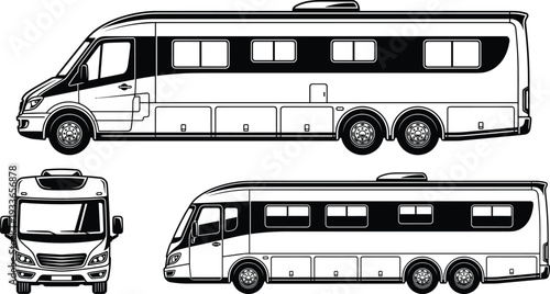 Luxury Motorhome RV Camper Van in Side and Front View Detailed Line Art IllustrationLuxury Motorhome RV Camper Van in Side and Front View Detailed Line Art Illustration