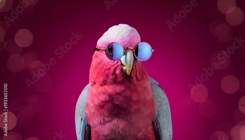 A charming and cool galah parrot bird with striking pink and grey plumage stands proudly against a vivid magenta background, sporting stylish round sunglasses that reflect a playful light, creating a
