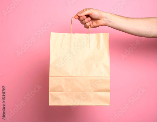 Close up of hand holding blank brown craft takeaway paper bag on pastel pink background, delivery mockup