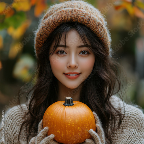 Woman holding pumpkin.