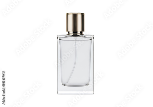 A transparent perfume bottle with a golden cap is centered against a white background The bottles sprayer is visible inside