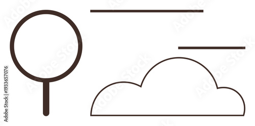 Digital storage, search functions, cloud computing, internet navigation, data analysis, minimalism. A cloud outline and magnifying glass with straight lines. Cloud computing and search functions