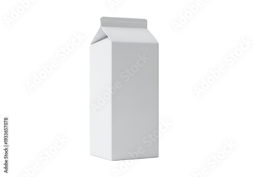 A white blank milk carton stands upright on a white surface casting a soft shadow
