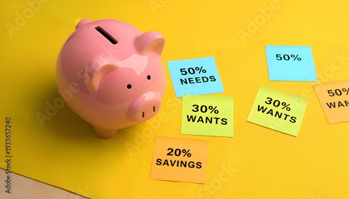 Pink piggy bank sits beside colorful sticky notes detailing a financial plan allocating percentages for savings needs and wants on a bright yellow background