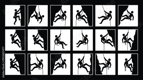 Rock Climbing Silhouette Set Showing Different Rappelling and Mountaineering Poses in Minimal Black and White Style