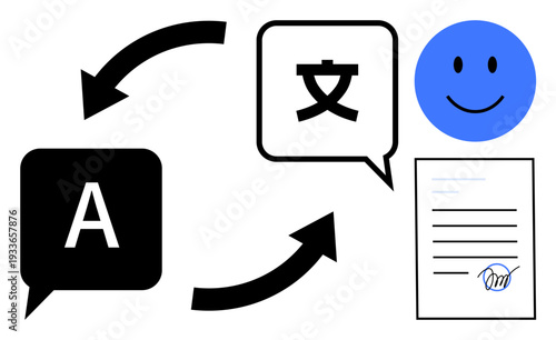 Translation concept. Translation workflow connecting languages, users, and documents for clear communication. Translation enabling cross-language comprehension and document accuracy. For education