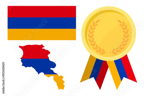 Armenia flag with map and gold medal in set for web and banners or app and games