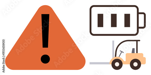 Safety, energy, industrial logistics, hazard warning, charging stations, workplace safety. Triangle exclamation mark, forklift battery symbol. Workplace safety and energy concepts