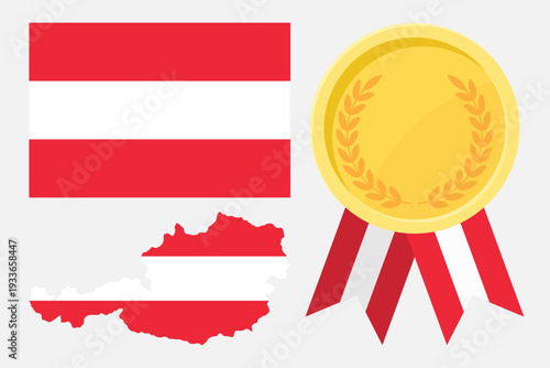 Austria flag with map and gold medal in set for web and banners or app and games
