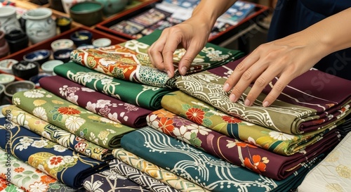 Person selecting richly patterned textile swatches displayed in a market setting